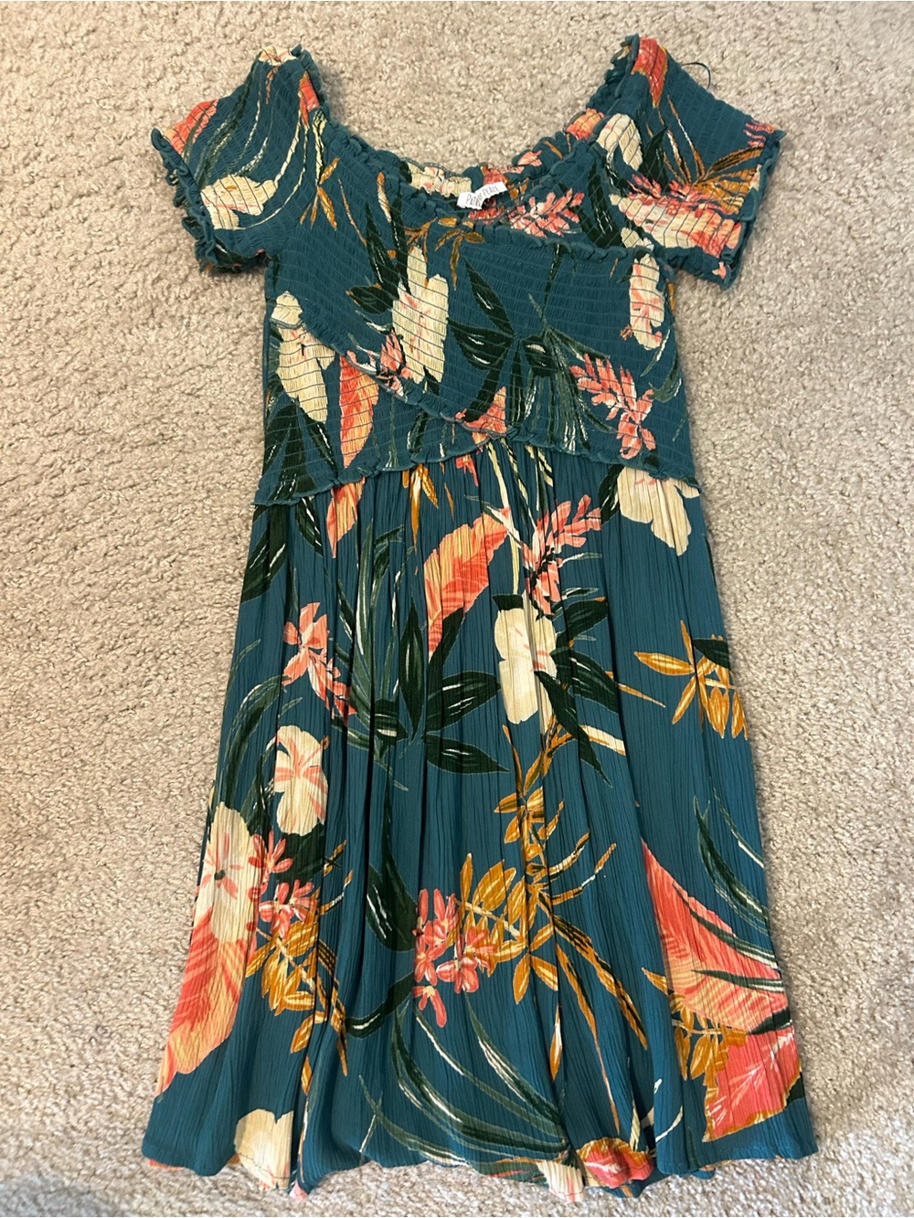 Patrons of Peace Teal Floral Off-Shoulder Dress with Coral and Cream Blooms
